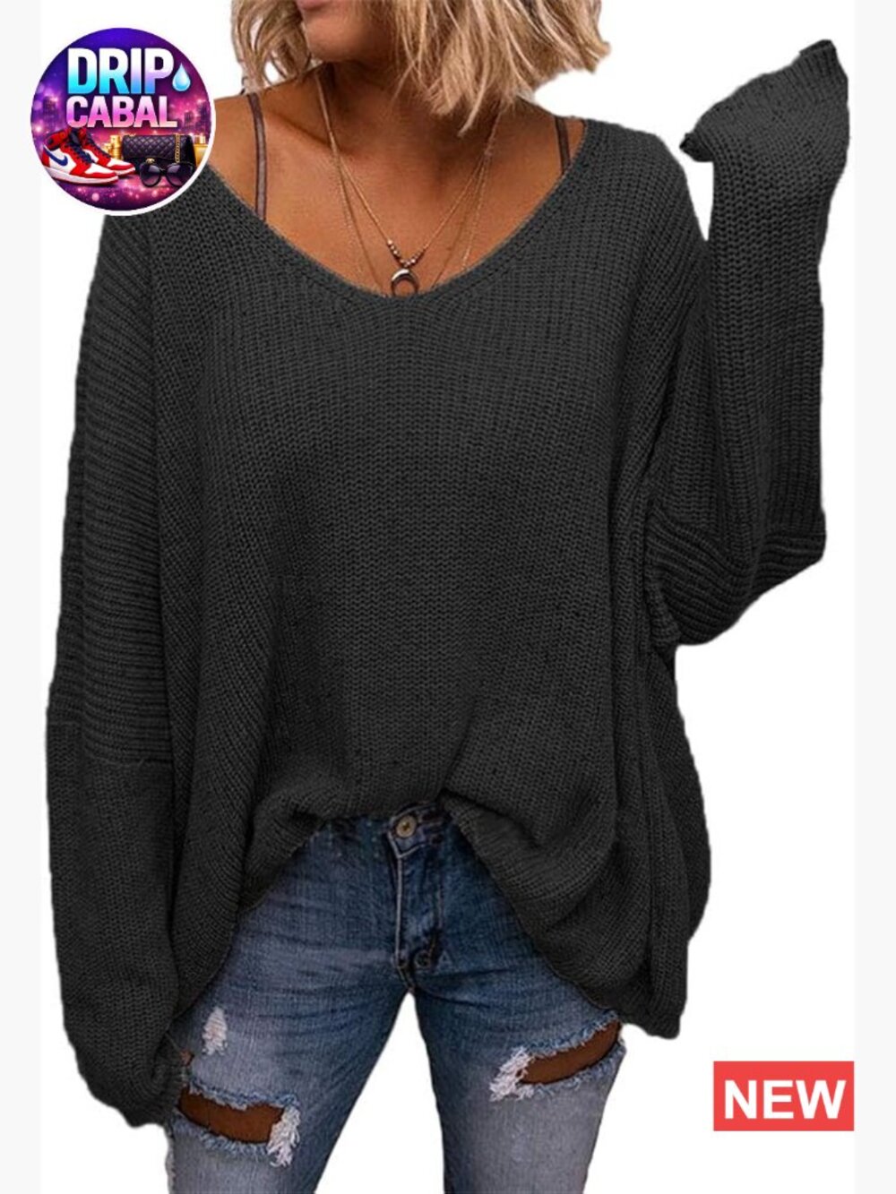 Oversized V Neck Long Sleeve Knit Pullover Sweater Tunic Top